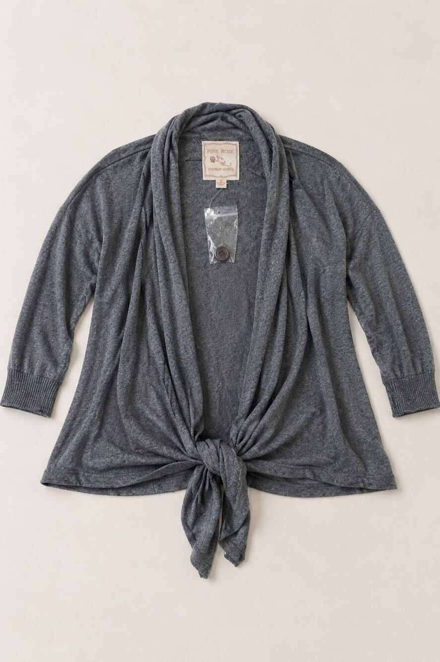 Pink Rose Women’s Small Gray Tie Front Open Cardigan 3/4 Sleeve Lightweight Top - Picture 2 of 3